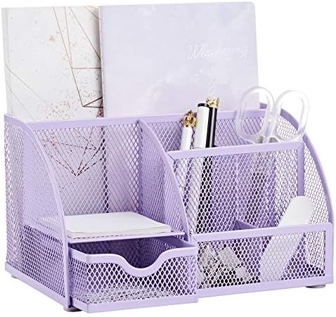 Annova Mesh Desk Organizer Office with 7 Compartments + Drawer/Desk Tidy Candy/Pen Holder/Multifunctional Organizer (Light Purple)