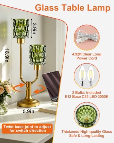 Lightdot Mid Century Modern Table Lamp Dimmable Vintage Green Glass Lamp