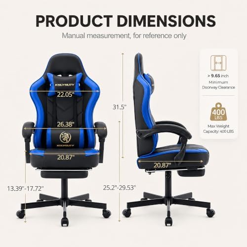Office Desk Computer Gaming Chair for Adults, Ergonomic High Back Gamer Chair with Massage and Pocket Spring Cushion, Swivel Comfy Video Game Chairs with Footrest and Lumbar Support (Black Blue)