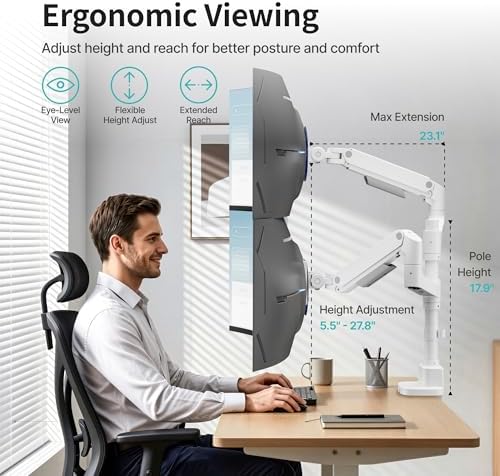 Dual Monitor Arm for 17"-49" Monitors, 44 lbs, VESA 75/100, White