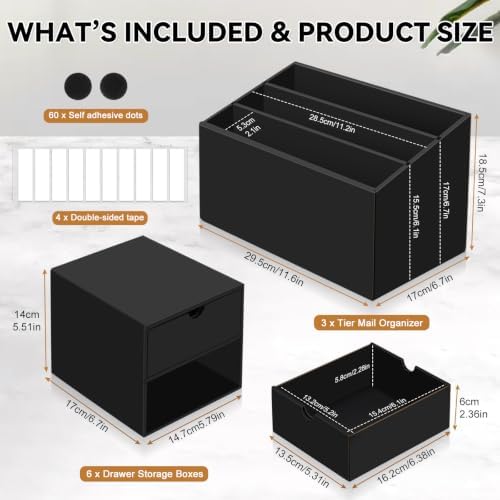 3 Sets Desktop Mail Organizer with Drawers, 3-Compartment Stepped Mail Sorter and 2-Drawer Storage Box for Bills, Letters, Envelopes, Papers, Home Office, Reception, Entryway and Mailroom