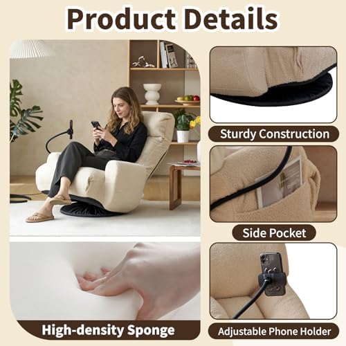 Swivel Lazy Floor Chair, Adjustable Reclining Floor Lounger with Head & Back Support and Phone Holder, Comfy Tatami Sofa Seat for Adults Bedroom & Gaming
