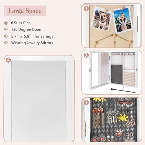 Keebofly Wall Jewelry Organizer Cabinet with Mirror,Rustic Wood Storage for Necklaces, Earrings, Bracelets & Rings, Large-Capacity Hanging Cabinet – White