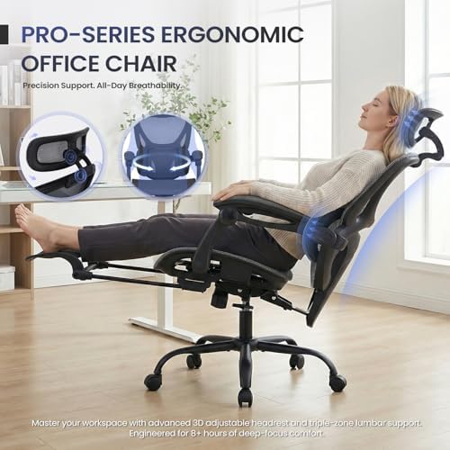 MALOL Ergonomic Mesh Office Chair with Footrest, Executive High Back Computer Desk Chair with 3D Adjustable Headrest & 5-Level Lumbar Support, Reclining Tilt Lock, 3D Arms, 300LBS Capacity, Grey