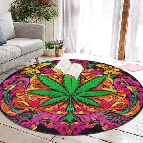 Large Round Area Rug Home Decor Modern Bathroom Rug Kitchen Office Circle Rug for Living Room Sofa Circle Cute Mat Trippy Green Weed Leaf Art, 60inch