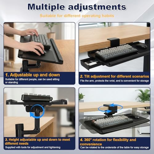 Adjustable Under Desk Keyboard Tray, 25"×10.6"360° Rotating Ergonomic Tray