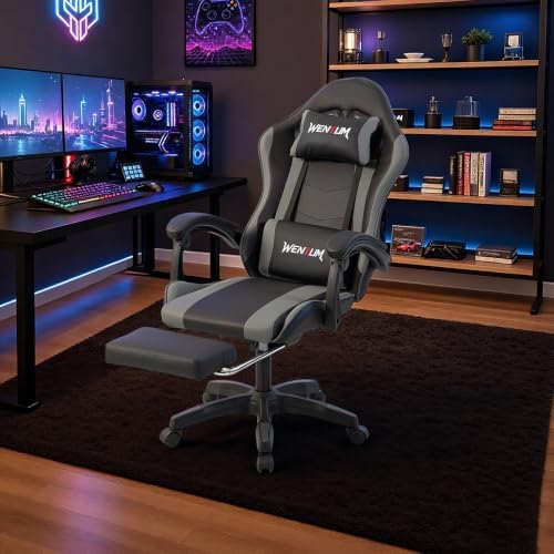 Ergonomic Gaming Chair with Footrest, Grey Black Video Game Chair w/Adjustable Headrest & Lumbar Support for Adults Kids, 360° Swivel for Home Office Bedroom Gaming Room, Grey&Black