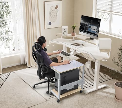 EUREKA ERGONOMIC PC Stand Computer Cart, Height Adjustable Tower Stand 2-Tier Suit for ATX Case Printer, Metal Rolling Cart on Wheels for Gaming Home Office, Maple