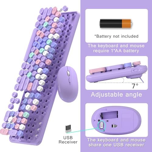 MPTOG Colorful Wireless Computer Keyboard and Mouse Combo (Purple-Colorful)