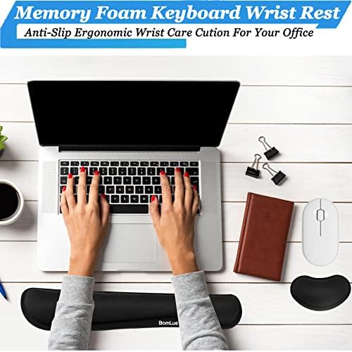 Keyboard Wrist Rest, BamLue Memory Foam Pad Set for Easy Typing & Pain Relief for Laptop, Office & Home, Ergonomic Sets for Keyboard, Gel Mouse Wrist Rest, Smooth Fiber Cushion Wrist Support-Black