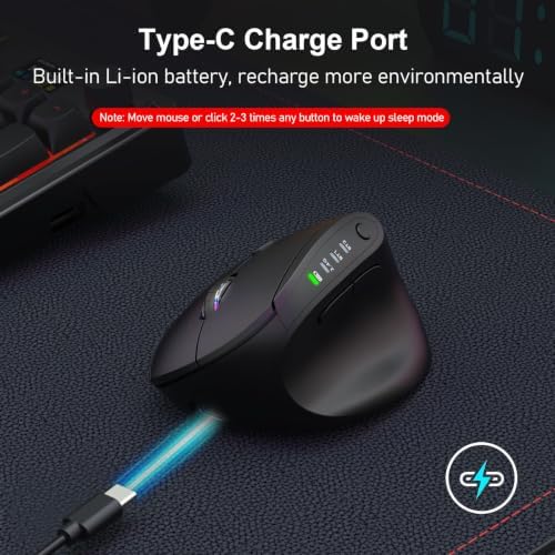 Redragon Ergonomic Mouse, Bluetooth Rechargeable Wireless Vertical Mouse, 3 Multi-Device Connectivity for Computer/PC/Laptop, 500mAh Battery, 2.4GHz USB-A Optical Mice for Windows, Mac OS, Black