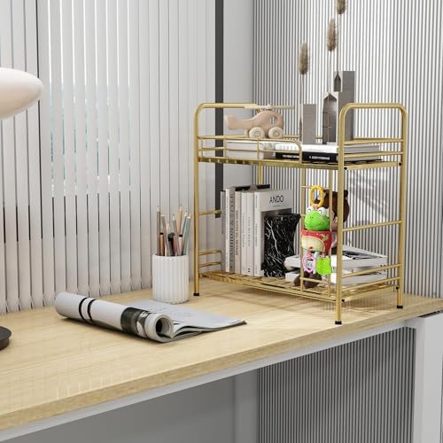 Desktop Shelf Organizer, 2 Tier k Organizer Storage Rack and Frees Up The Space of The Desk, Small Metal Bookshelf with Bunk Bed Design for Dormitory, Home, Office