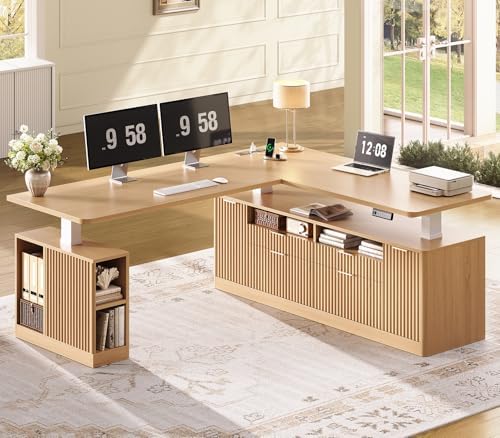 SEDETA Fluted L Shaped Executive Electric Standing Desk with 4 Drawers