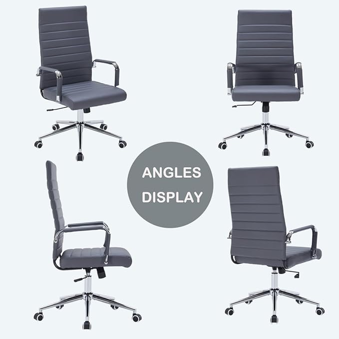 Grey Leather Ribbed Office Desk Chair, Ergonomic High-Back Executive Conference Room Chairs with Wheels, Adjustable Swivel Computer Task Chair with Arms and Thick Padded Seat