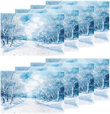 Shrahala Watercolor Winter Landscape Set of 8 12 X 18 Inch Linen Placemats, Blue Snow Fir Snowy Land Burlap Table Mat Washable Double Layered Heat Insulation for Indoor