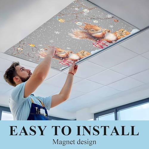 1 Pcs Fluorescent Light Covers for Ceiling Lights,Xmas Squirrel Winter Snowflake,Magnetic Light Filters Drop Fluorescent Lights Shade for Office Christmas Ball Branch Gray
