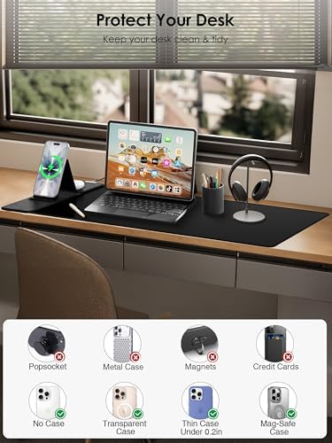 Wireless Charging Mouse Pad with Foldable Phone Holder, 15W Magnetic Fast Charging for iPhone Samsung, 31.5"x15.75" Large Desk Mat for Laptop/Keyboard, Waterproof Gaming Mousepad with Non-Slip Base