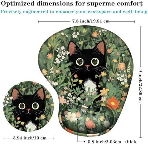 Ergonomic Mouse Pad with Wrist Support, Black Cat Pattern Rubber Mousepad with Non-Slip PU Base for Home Office Working Studying, Easy Typing & Pain Relief for Women Girls Adult Kids