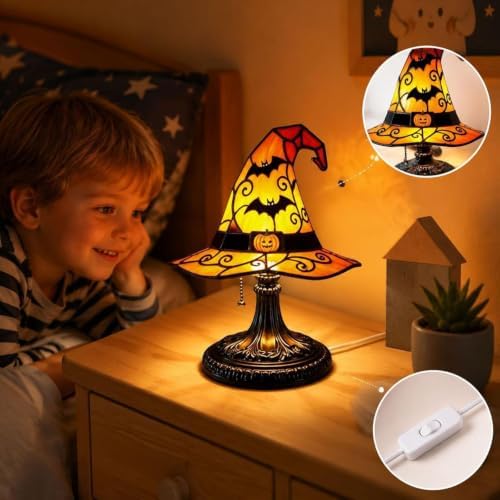 Stained Glass Witch Hat Lamp, Handcrafted Resin Halloween Witch Lamp (Yellow)