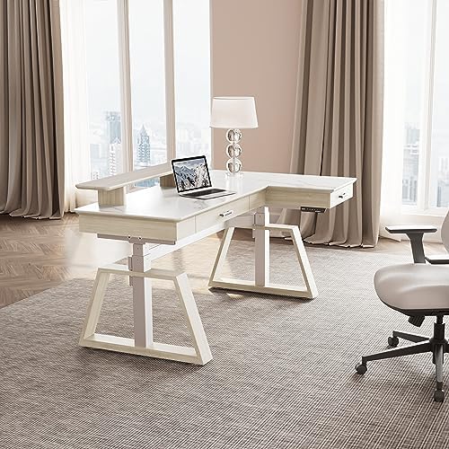 EUREKA ERGONOMIC Electric Standing Desk with Dual Drawers,63 Inches Height Adjustable L-Shaped Office Desk,Sit Stand Desk Ergonomic Executive Desk Computer Workstations with Monitor Stand,Right/White