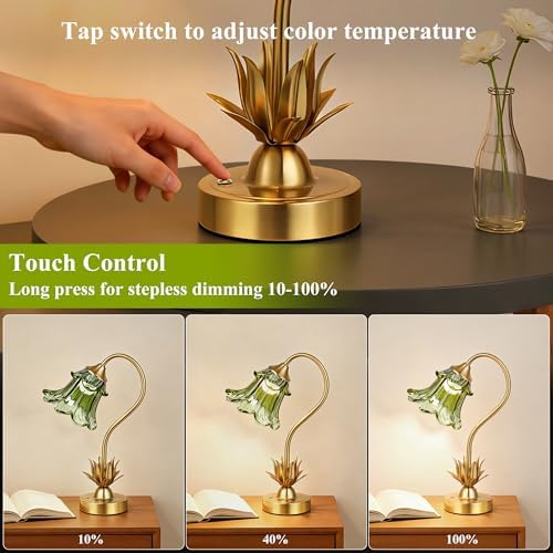 PARTPHONER Cordless Flower Table Lamp with Glass Lampshade, 5200mAh Rechargeable Battery, 3-Color Dimmable Touch Control, Portable Desk Lamp for Nightstand, Patio, Camping, Restaurant & Home, Green