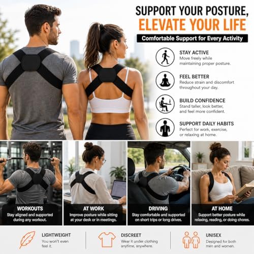 Slim Lightweight Posture Corrector for Men & Women – Invisible Upper Back Support Brace for All-Day Wear – Comfortable Under Clothing – Black (Large)