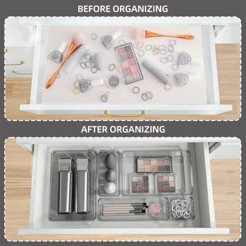 Kitchen Desk Drawer Organizers Storage for Office, Small Acrylic Vanity Trays Makeup Organizer for Drawer Bathroom Plastic Make up Organizers 25 Pcs Clear Black