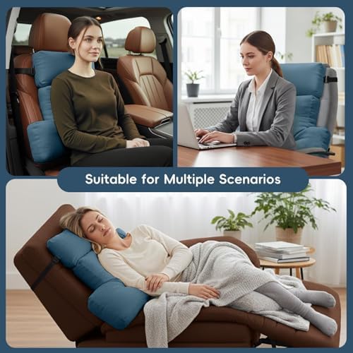 2 Piece Neck Pillow and Lumbar Support Back Cushion Set for Recliner, Blue