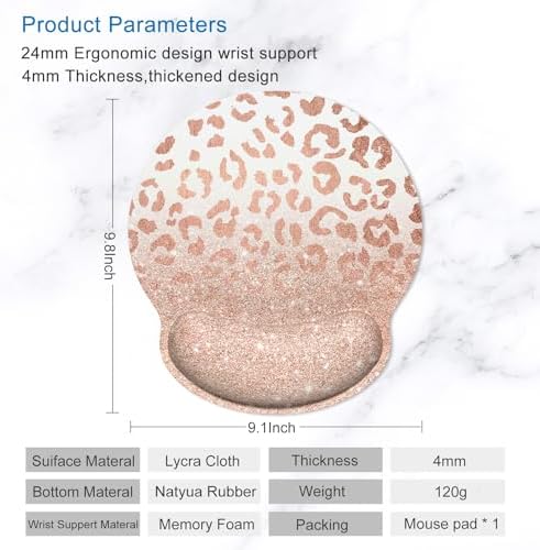 ITNRSIIET Ergonomic Mouse Pad with Wrist Support Wrist Rest Smooth Surface Non-Slip Rubber Base Comfortable Office Supplies Pain Relief, 9.8 x 9.1 inches, Rose Gold Leopard Print