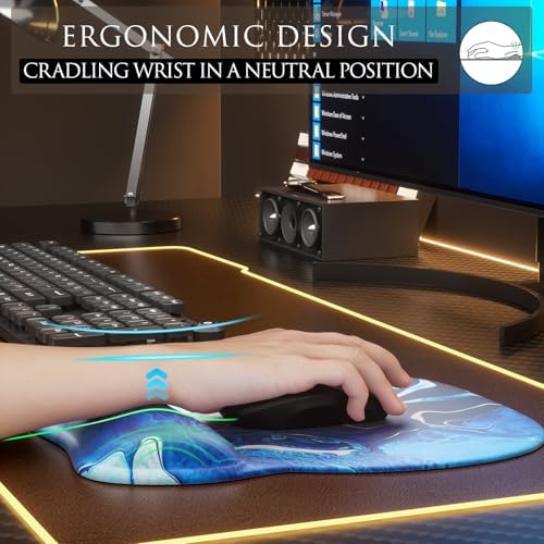 MROCO Ergonomic Mouse Pad with Gel Wrist Rest, 9.4 x 8.1 in, Blue Waves