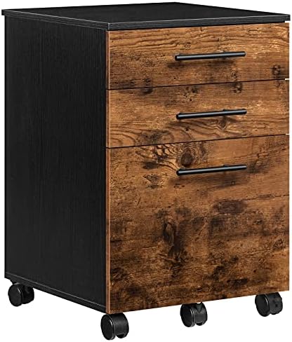 HOOBRO 3-Drawer File Cabinet, Wooden Under Desk Filing Cabinet, fits A4/Letter Size for Home Office, Small Rolling Storage Drawer Chest, Printer Stand with Drawers, Rustic Brown and Black BF02WJ01G1