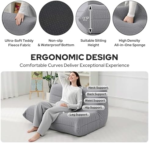 HABUTWAY Bean Bag Chairs Fireside Lazy Floor Sofa,2 Seater,Light Grey