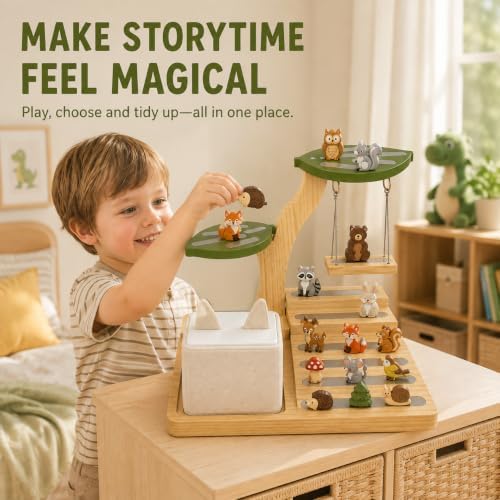 Tree Display Shelf Compatible with Toniebox, Wooden Figurine Organizer with Player Charging Dock, 20+ Capacity, Silver Chain Swing, Desk Storage