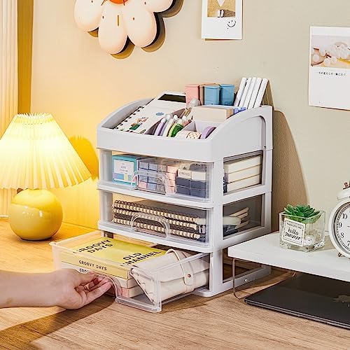 Desk Organizer with Drawers, 3 Drawers Storage Organizer, Desktop Storage Drawers for Office/School Supplies, Plastic Stationary Makeup Organizer, Desk Storage Box for Office, School, Home