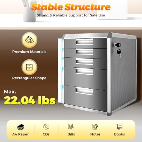 Desk Organizer with 5 Drawers, Metal Desktop Storage Cabinet File Holder with Locks and Keys, Filing Case Literature Organizer for Office Home, L12.4*D13.8*H16in, Silver & Grey