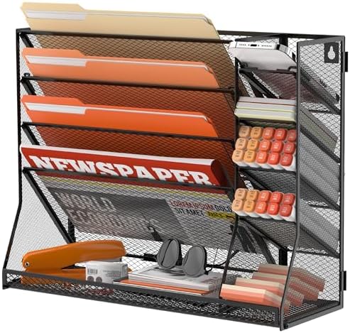 5-Tier Wall File Organizer with 4 Pen Holders and R-Shaped Tray, Black