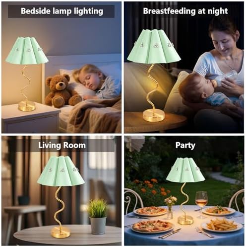 Cordless Rechargeable LED Table Lamp, Portable Desk lamp Battery, 3 Color Stepless Dimming with Memory Function, Suitable for Outdoor, Dinner, Patio & Restaurant. (Green with Diamonds)