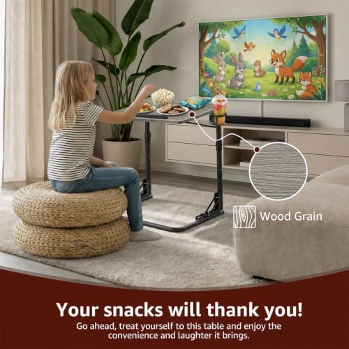 NUTIKAS Folding TV Tray Table - Adjustable Height Sofa Grey Wood Side Table, Wooden Portable Trays for Eating On Couch, Laptop Stand with Cup Holder, C Shaped Foldable Desk