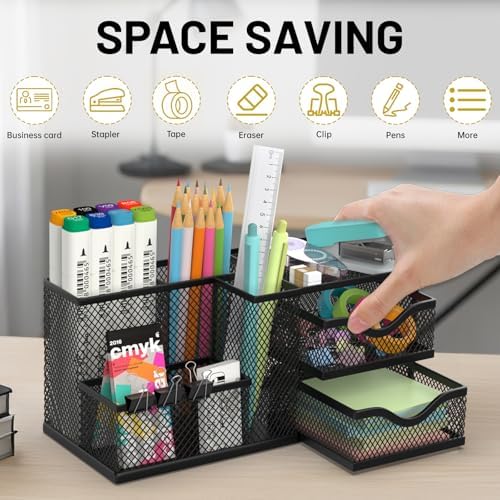 Mesh Desk Organizer with 2 Drawers and 5 Compartments, Pen Holder for Desk