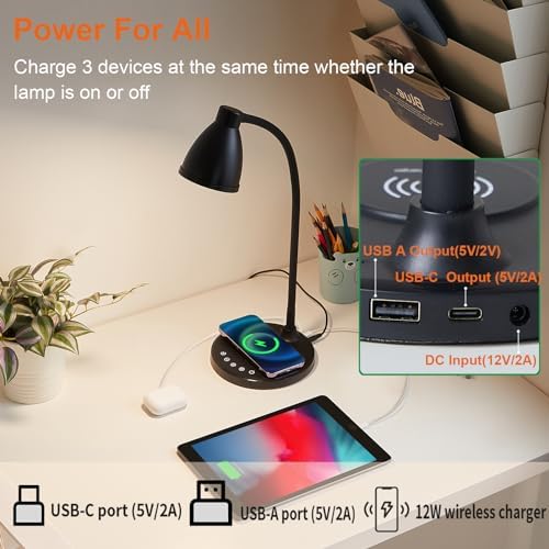 BOHON Desk Lamp for Home Office with USB C+A Charging Ports Timer Black