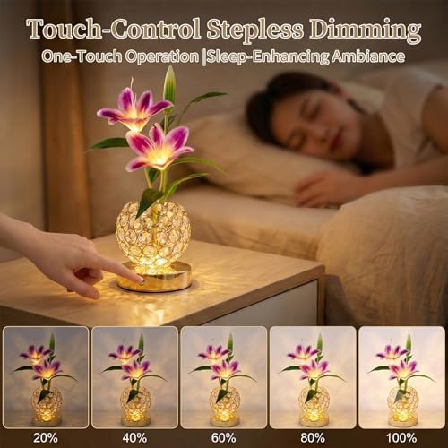Stargazer Lily Flowers Table Lamp, Rechargeable Cordless Touch Crystal Lamp with 3 Color Modes, Easter Lily Night Light for Bedroom Kitchen Office Decor, Birthday Mothers Day Gifts for Women Mom