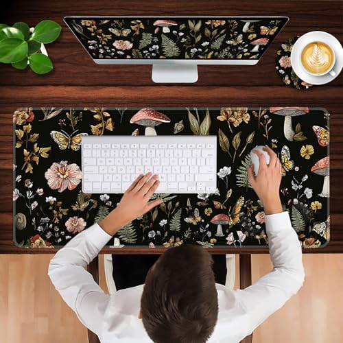 Keyboard Wrist Rest and Mouse Pad with Wrist Support Set Ergonomic Coaster,Memory Foam,Easy Typing Pain Relief,Large XL Desk Mat 31.5"x 11.8",Magic Mushrooms
