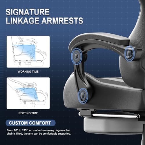 Huracan Gaming Chair with Footrest, Adjustable Ergonomic Computer Office Chair with Lumba Pillow, Video Game Computer Chairs for Adults, Racing Style Reclining Backrest Office Desk Chairs, Grey