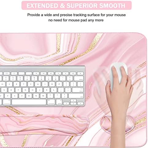 Keyboard Mouse Pad Set, Extended Mouse Pad+Keyboard Wrist Rest Support, Memory Foam Ergonomic Easy Typing, 3Pcs (35.4×15.7 in) Desk Pad Set for Home Office Study Game- Pink Gold