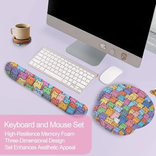 Cute Cat Mouse Pad with Wrist Rest Set, 3-in-1 Wrist Support Mousepad Set, Gaming Mat Pad with Anti-Skid Base,Ergonomic Memory Foam Mouse Pad Set for Women, Office, Typing, Gaming