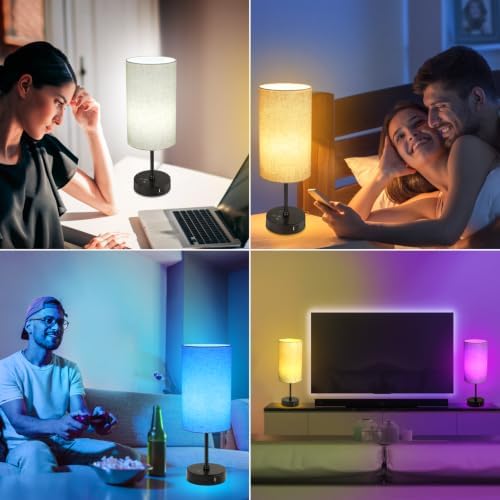 Unicozin 17Inch Table Lamp for Bedroom, Touch Control Bedside Lamp for Reading, 3 CCT & 7 RGB Color Changing, Dimmable Nightstand Lamp for Kids Room Living Room Office, Beige Shade