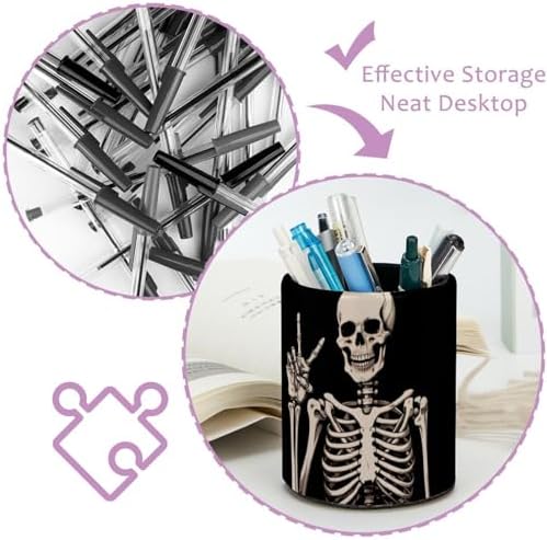 Pen Holder For Your Desk, Leather Pencil Holder Easily Organizes All Pens and Desk Accessories, Human Skeleton Pen Cup For Your Office Decor