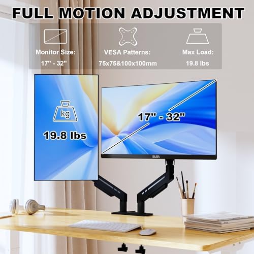 THEARK Dual Monitor Stand for Desk - Dual Monitor Mount for 17-32 Inch Screens,Height Adjustable Dual Monitor Arm Desk Mount with Clamp and Grommet Base,75x75/100x100mm VESA Mount,Max 19.8 lbs,Black
