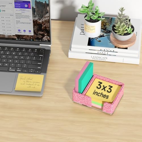 Sticky Note Holder with Pen Slot, Glitter Pink Acrylic Notepad Holder 3x3 in Self-Stick Note Dispenser Office Desk Accessories, Memo Pad Holder Organizer for Classroom School Supplies