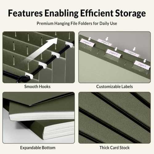 SUNEE Legal Size Hanging File Folders (9.2"x14.8"), 25 Pack Reinforced Hang Folders, Adjustable 1/5-Cut Tabs, Designed for Bulky Files, Filing Cabinet, Standard Green